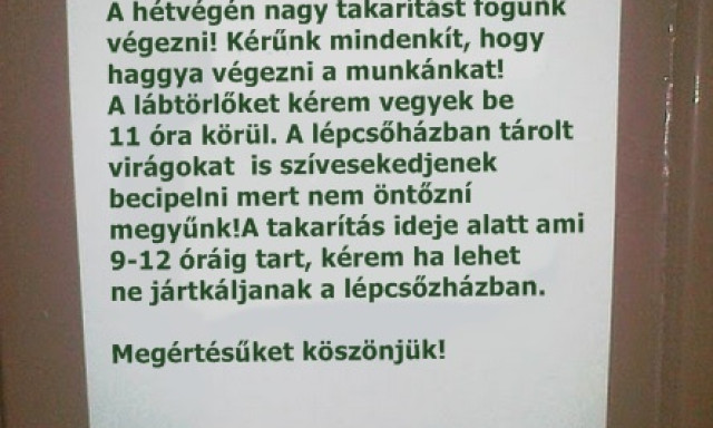 &bdquo;A takar&iacute;t&aacute;s ideje alatt &bdquo;ne j&aacute;rtk&aacute;ljanak a l&eacute;pcsőh&aacute;zban&rdquo; &ndash; vicces kaposv&aacute;ri &uuml;zenetek