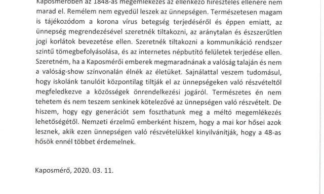 Az 1848-as megeml&eacute;kez&eacute;s megtart&aacute;s&aacute;val tiltakoznak a korl&aacute;toz&aacute;sok ellen Kaposm&eacute;rőben