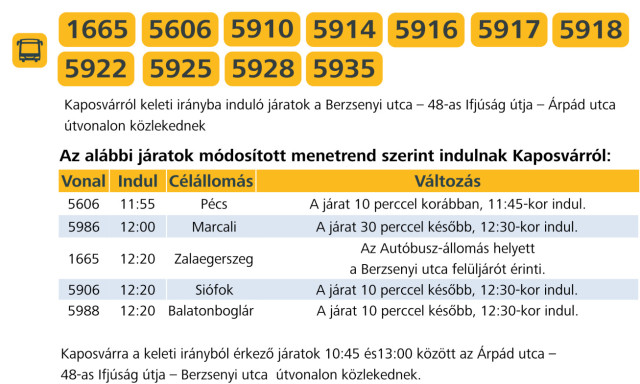 A t&aacute;vols&aacute;gi buszokn&aacute;l is lesz v&aacute;ltoz&aacute;s p&eacute;nteken Kaposv&aacute;ron a ker&eacute;kp&aacute;rverseny ideje alatt