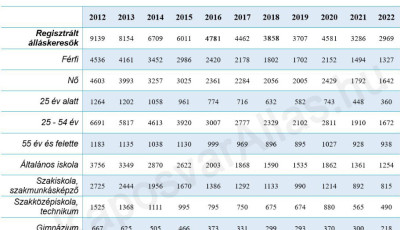 &Iacute;gy alakultak a regisztr&aacute;lt &aacute;ll&aacute;skeresői sz&aacute;mok 2012 &eacute;s 2022 k&ouml;z&ouml;tt Kaposv&aacute;ron