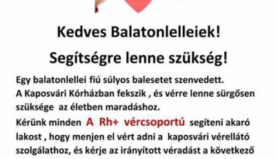 S&uacute;lyos balesetet szenvedett egy 20 &eacute;ves balatonlellei fi&uacute;, s&uuml;rgősen v&eacute;rre van sz&uuml;ks&eacute;ge